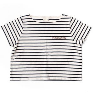 MADEWELL Large “STAYCATION” BLUE STRIPED TOP SHIRT Boxy Embroidered Crop Top